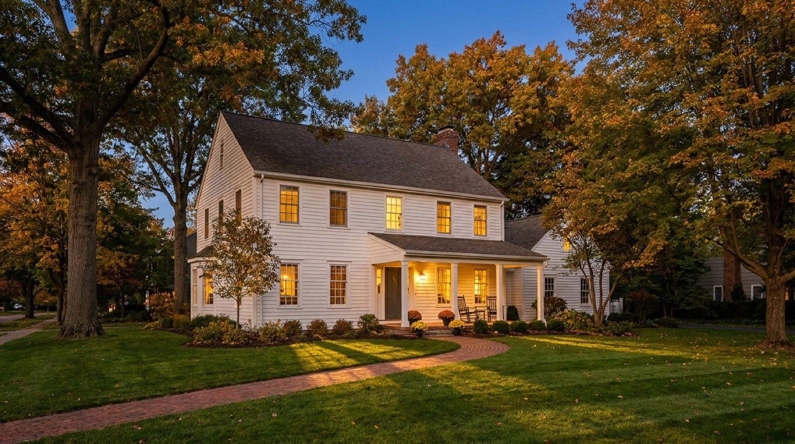 A welcoming Cleveland-area home with a lit front porch at dusk